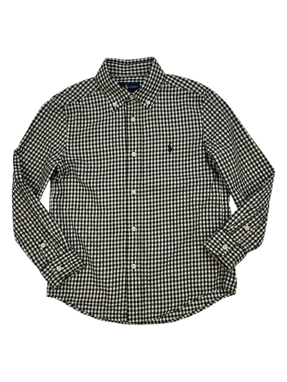 Ralph Lauren Boys Button Down Shirt 6 Black Plaid Cotton